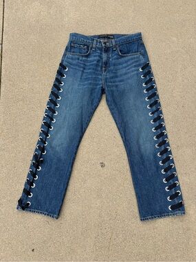 Veronica Beard Ines 10.75” Girlfriend Jean Side Lace Denim, Mid Rise Ankle Crop